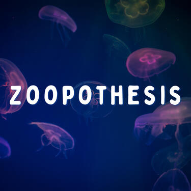 Dark blue underwater scene with floating neon coloured jellyfish. Neon pink text in the foreground that reads "Zoopothesis"
