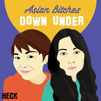 purple and yellow logo with the text Asian Bitches Down Under and illustrations of two women.