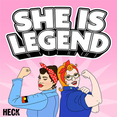 Pink background, bold white text that says "She Is Legend", illustration of two women flexing their biceps